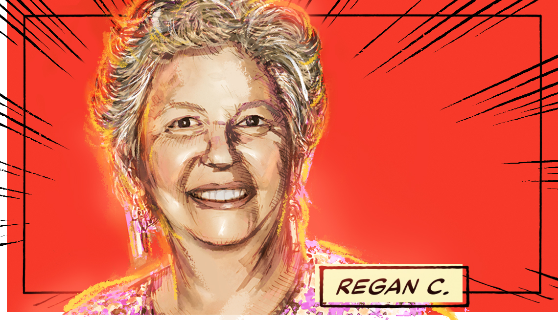 stylized image of Regan C. on a red background