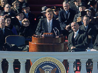 Pres. John F. Kennedy (C) delivering his inaugural speech 