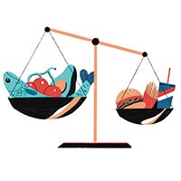 Ilustración de una balanza que muestra que una cantidad menor de comida chatarra pesa más que una mayor cantidad de comida saludable