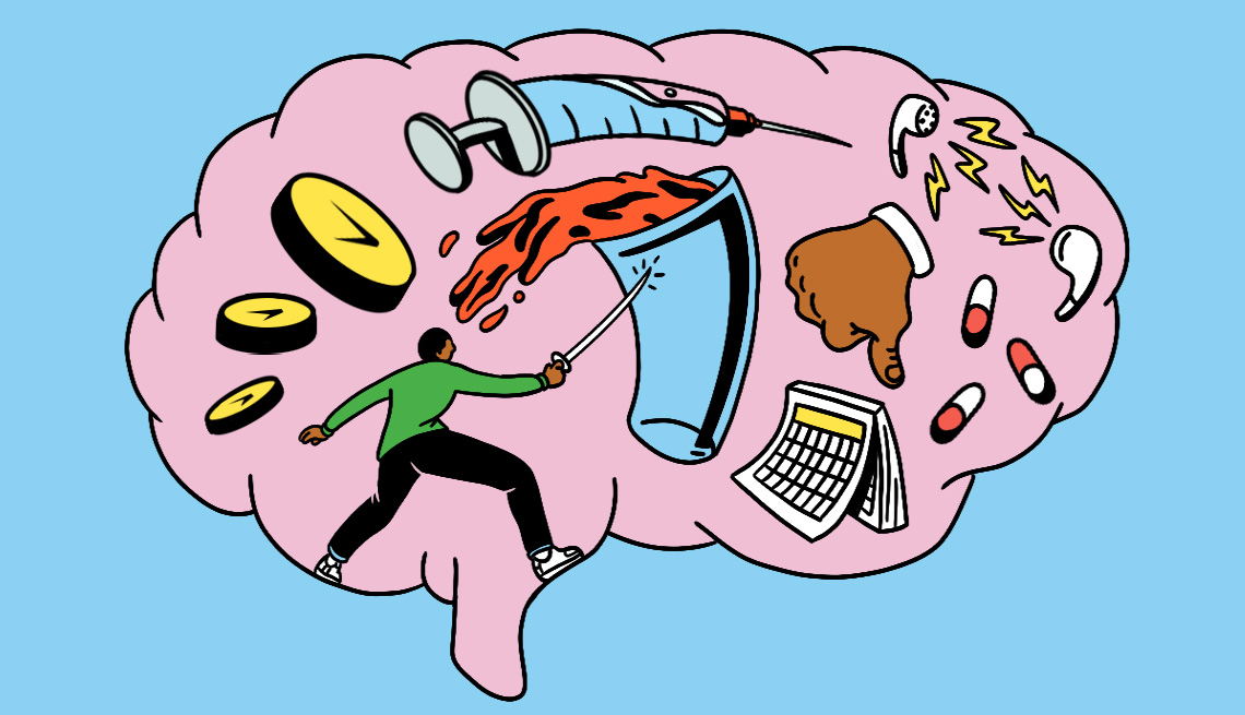 cartoon of brain filled with bad habit ideas like sugary drinks drugs loud music and irregular sleep
