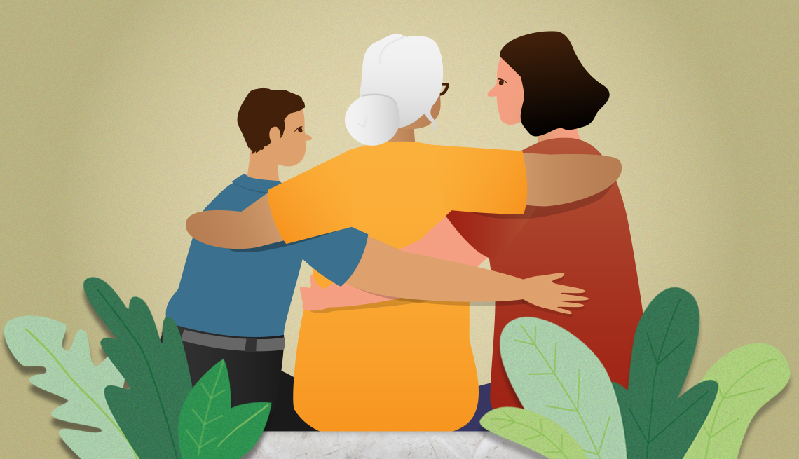 Ilustración de una abuela abrazando a su hija y nieto