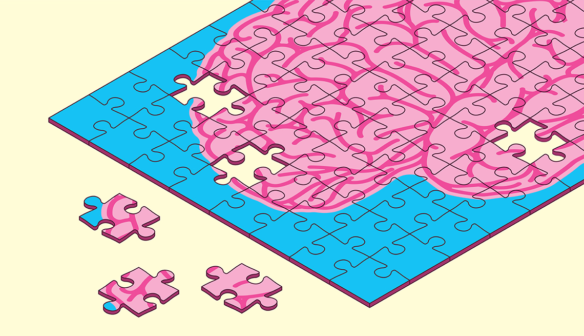 Ilustración de un rompecabezas de un cerebro color rosa y azul al que le faltan piezas