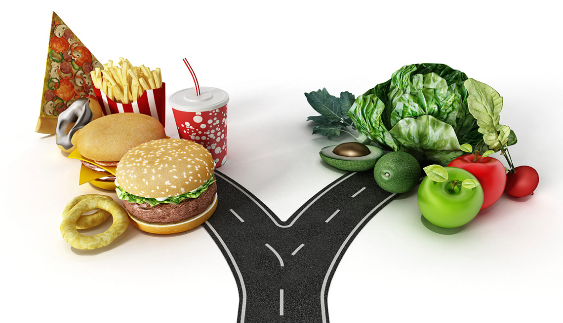 Grafico de una calle que se divide hacia la comida chatarra versus comida saludable