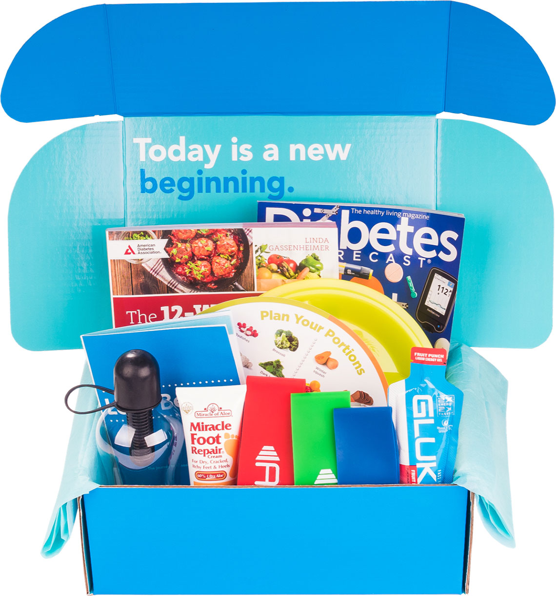 Box full of diabetes-related items including magazines, a cookbook, and other health products