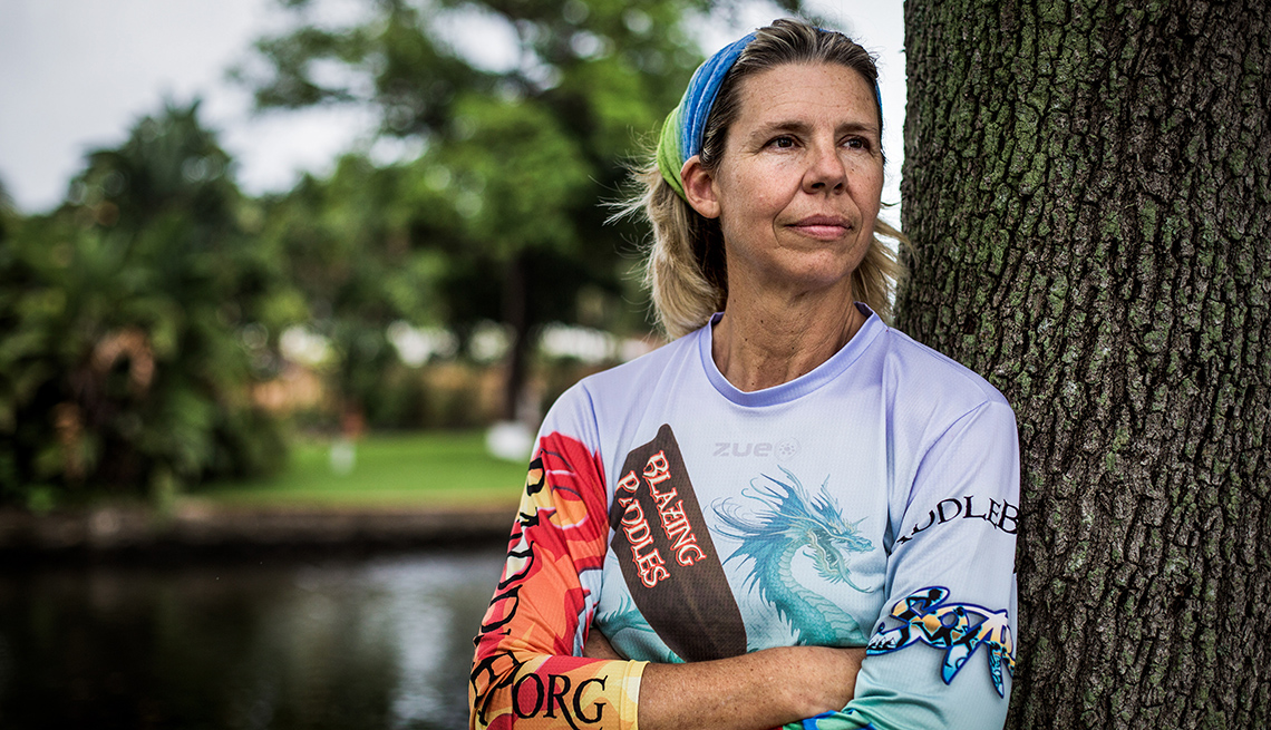 Judy Perkins stands for a portrait before competing in a canoe race in Wilton Manors, FL 