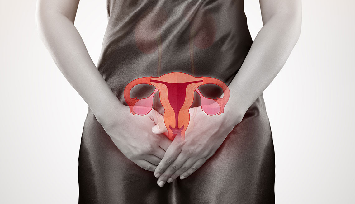 Mujer con sus manos en el abdomen bajo y dibujo del sistema reproductivo