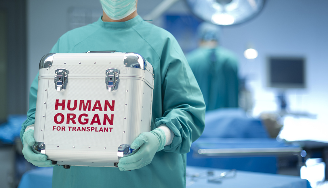 Doctor holding box with human organ for transplant