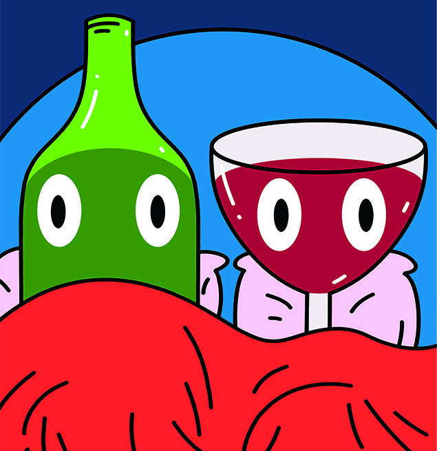 An illustration of a wine bottle and wine glass lying in bed.