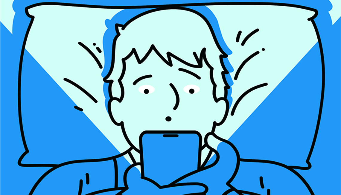 An illustration of a man lying in bed and using his smartphone.