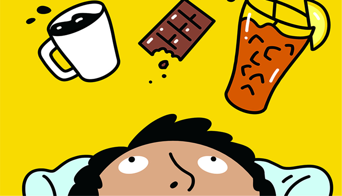 An illustration of a man laying down looking up at floating sources of caffeine: coffee, chocolate and iced tea. 
