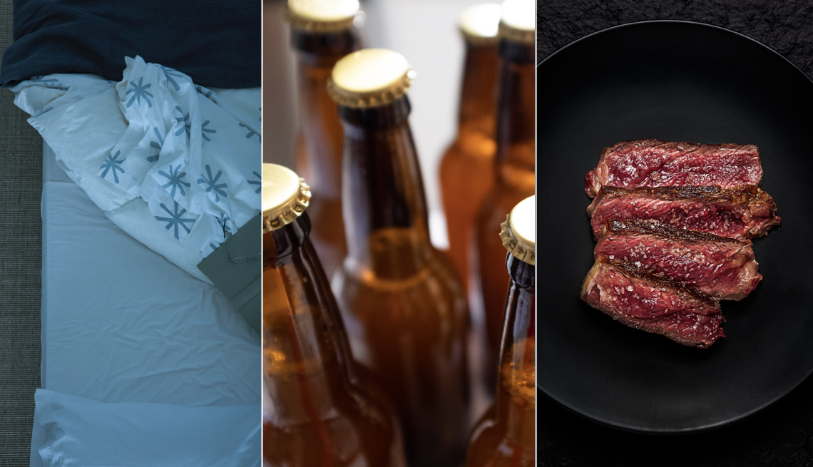 three up image of bed, beer bottles and meat