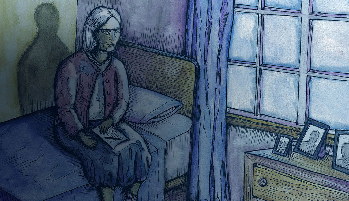 Ilustración de una mujer triste sentada sobre una cama