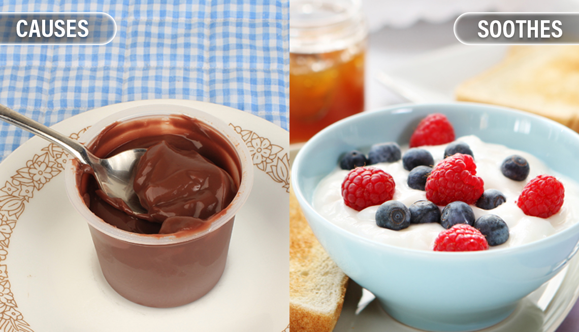 item 4 of Gallery image - a cup of chocolate pudding sits on a plate with the caption causes inflammation alongside a bowl of plain yogut with berries labeled soothes inflammation