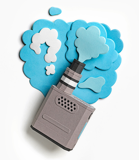 three dimensional cut paper illustration of an e cigarette and blue clouds coming from it