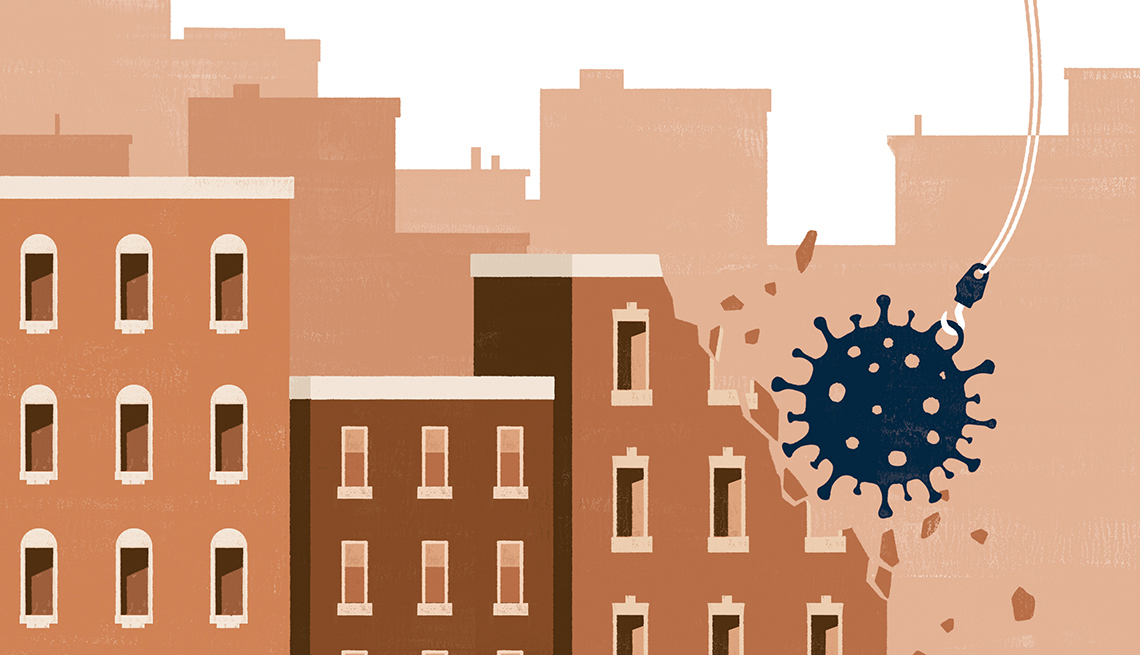Ilustración de una bola de demolición en forma de virus destruyendo edificios de color marrón