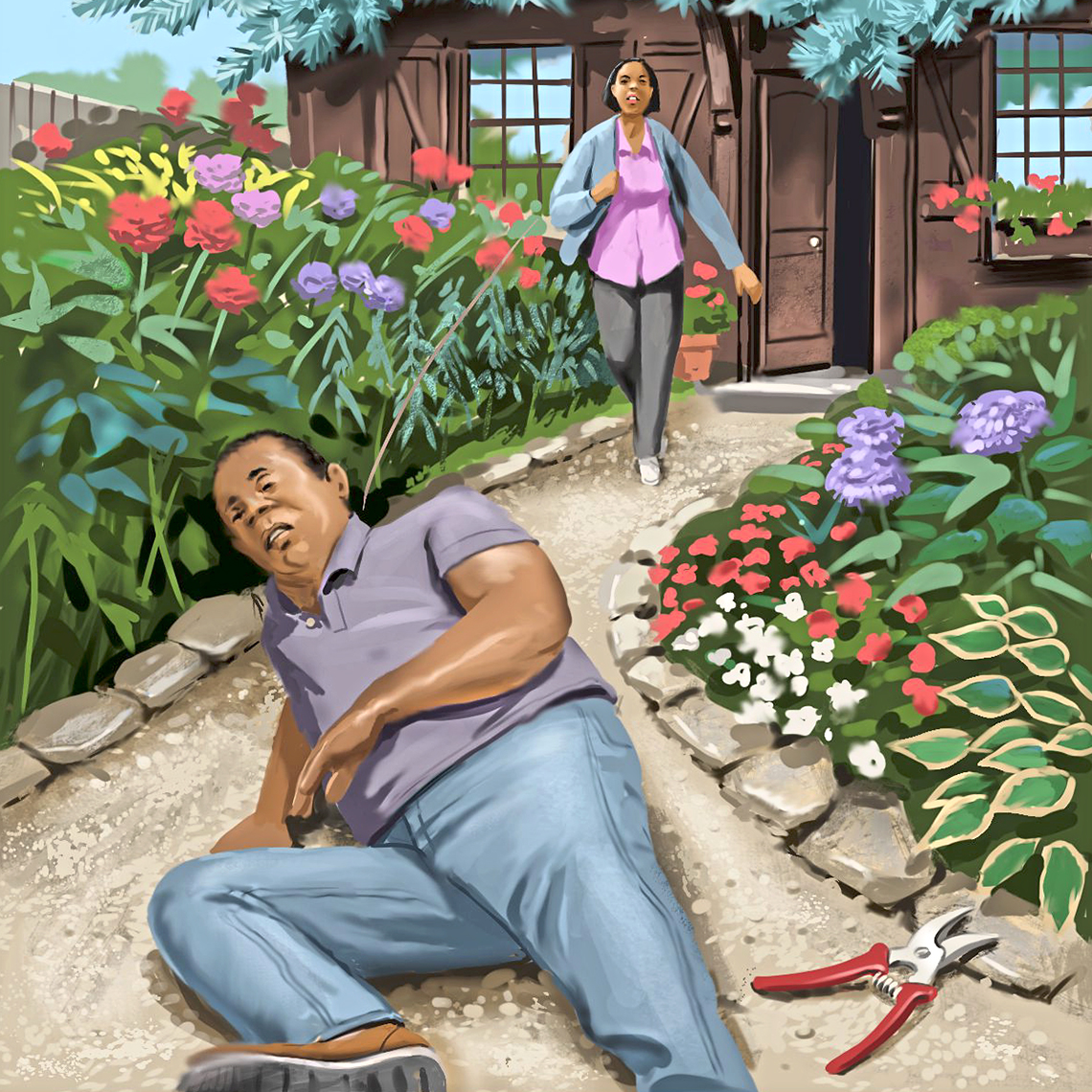 lllustration of a man who has fallen down on the walkway leading up to his home and his wife running out to assist