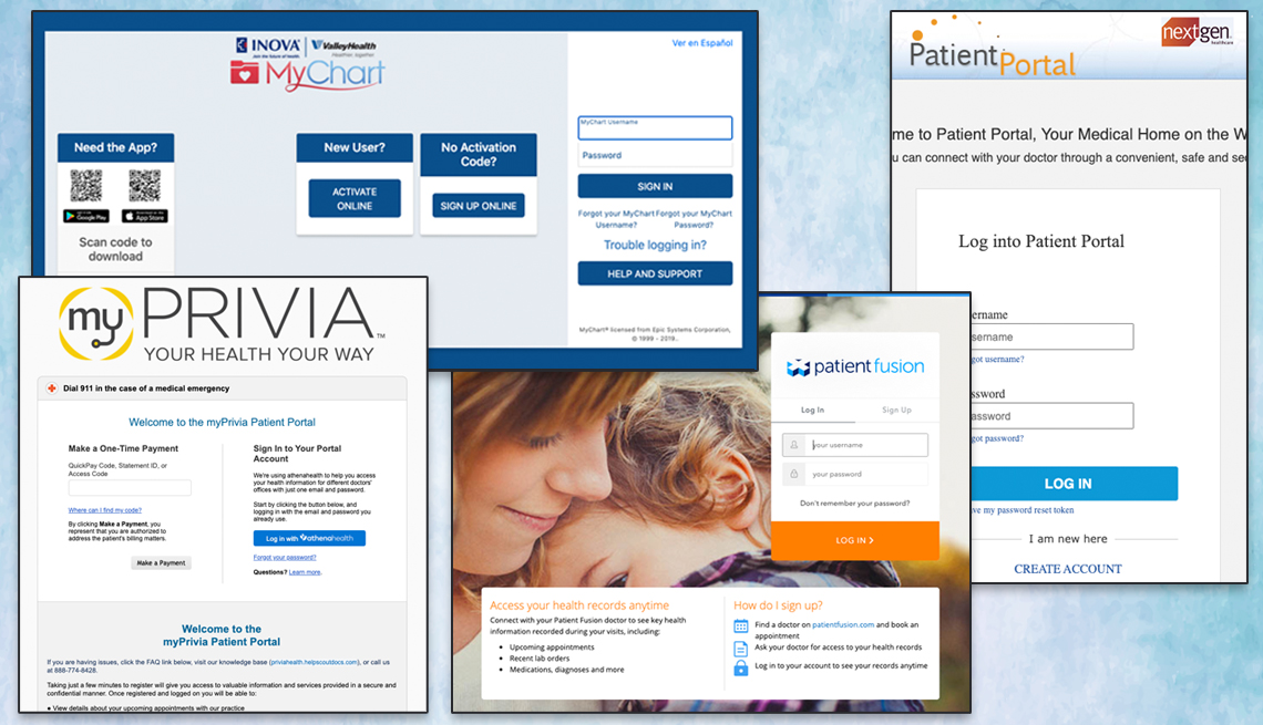 collage of screenshots showing different patient portal examples