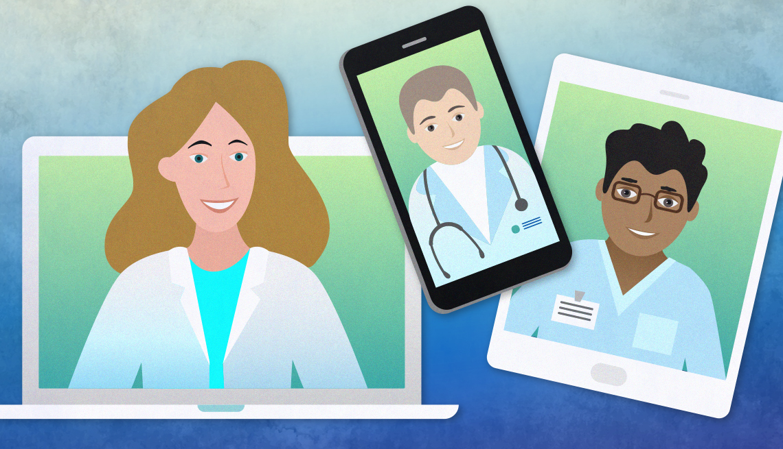illustration of three devices used in telehealth to connect to a doctor which are a laptop a smartphone and a tablet