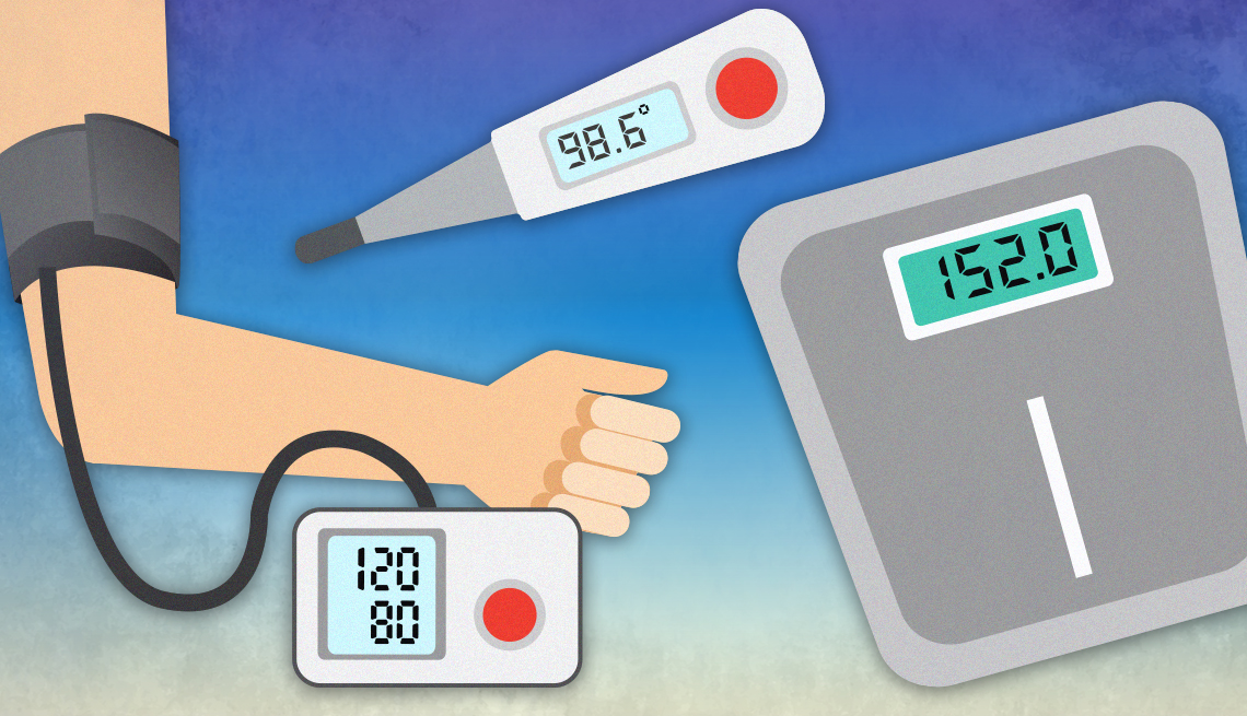 illustration of health diagnostic tools blood pressure cuff thermometer and scale