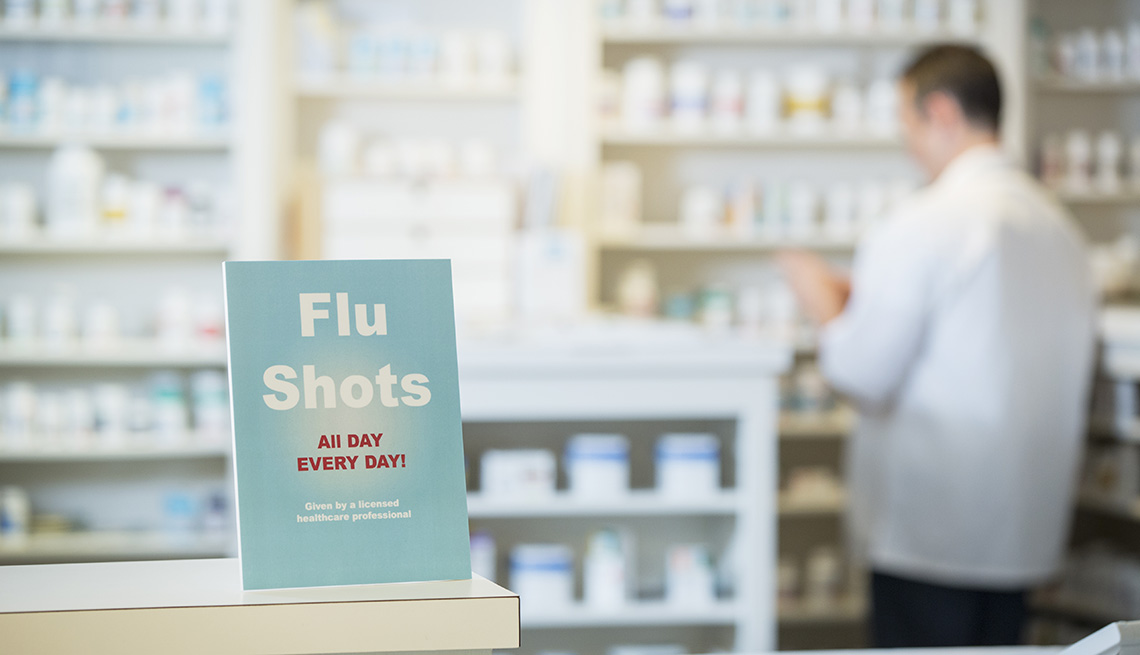 Flu shots sign in pharmacy