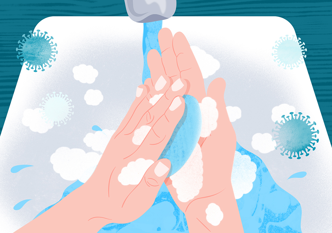 Ilustración de una persona lavándose las manos con agua y jabón