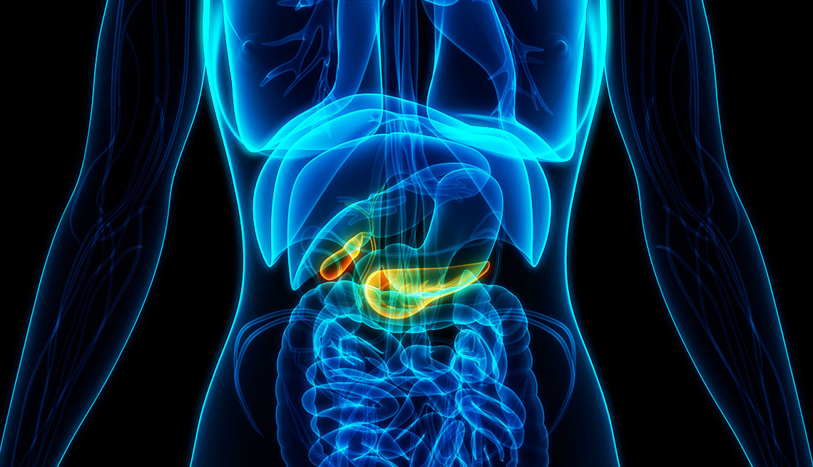 3d illustration of human body with pancreas highlighted