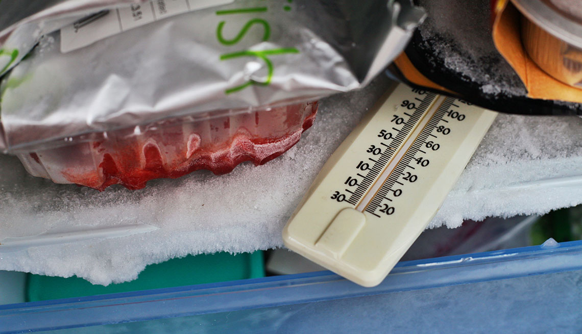 Un termómetro en un refrigerador y varios alimentos