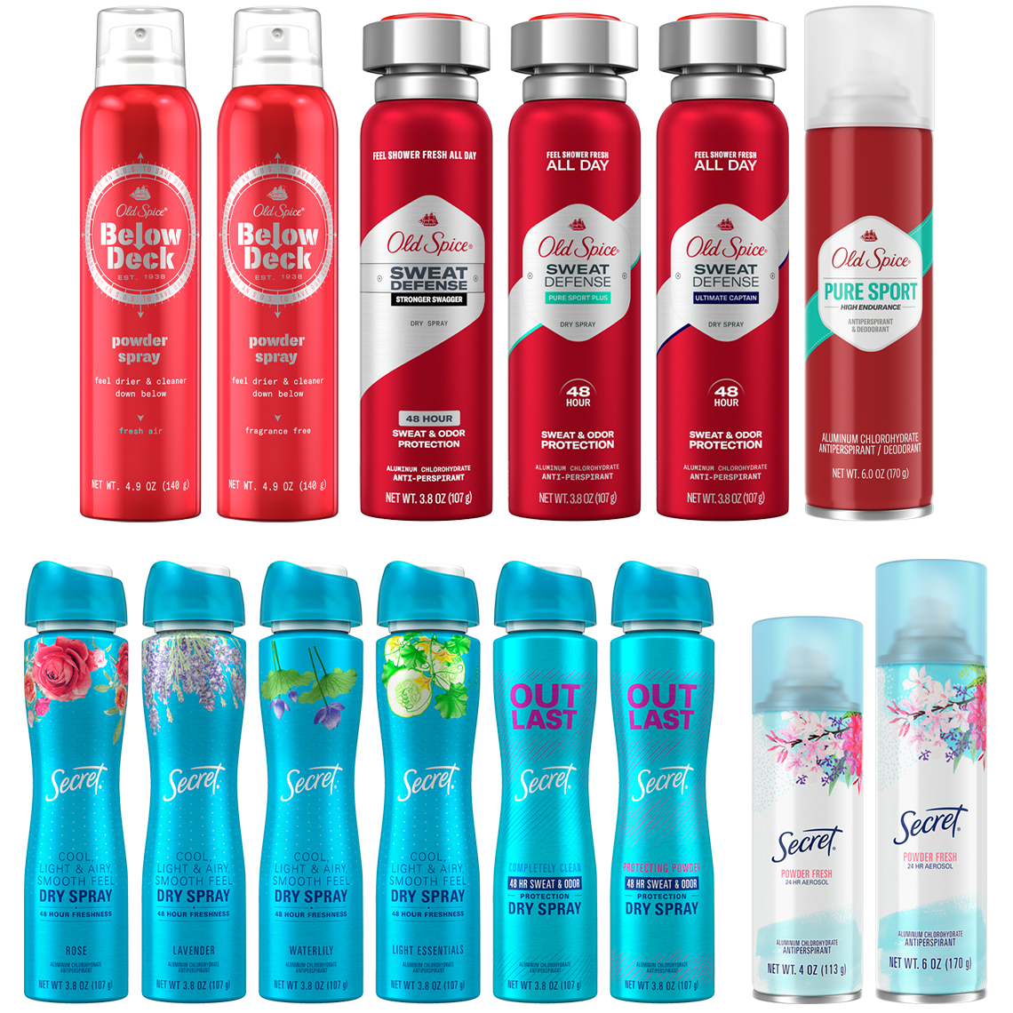 old spice and secret brand spray deodorants with an active recall are shown