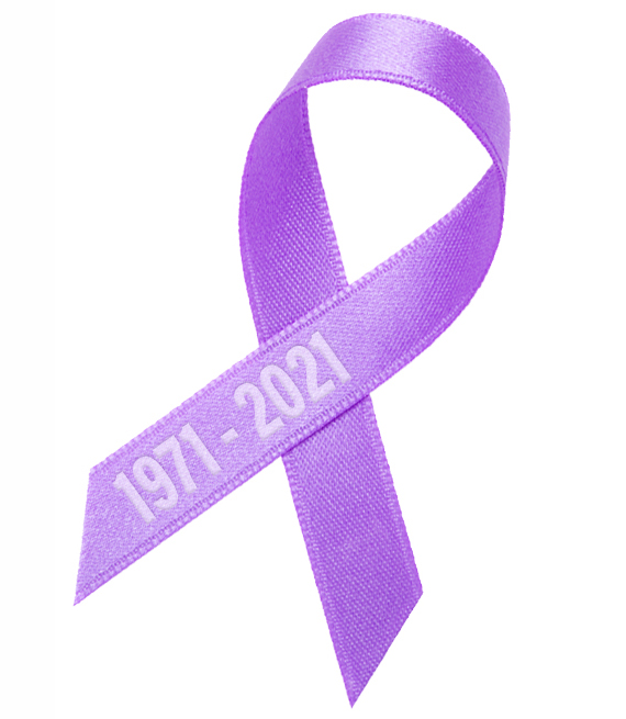 lavender ribbon for cancer awareness with the years nineteen seventy one to twenty twenty one stamped on it