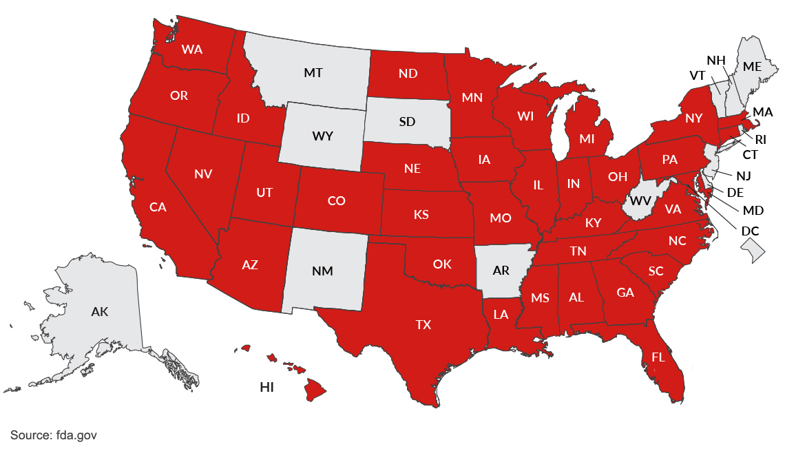 a map of the united states showing where there has been a recall on salad