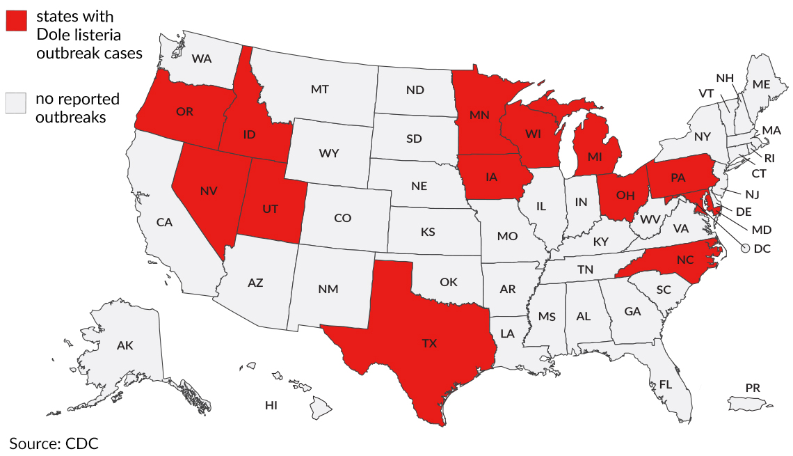 map of the united state showing where the dole salad listeria outbreaks have occured