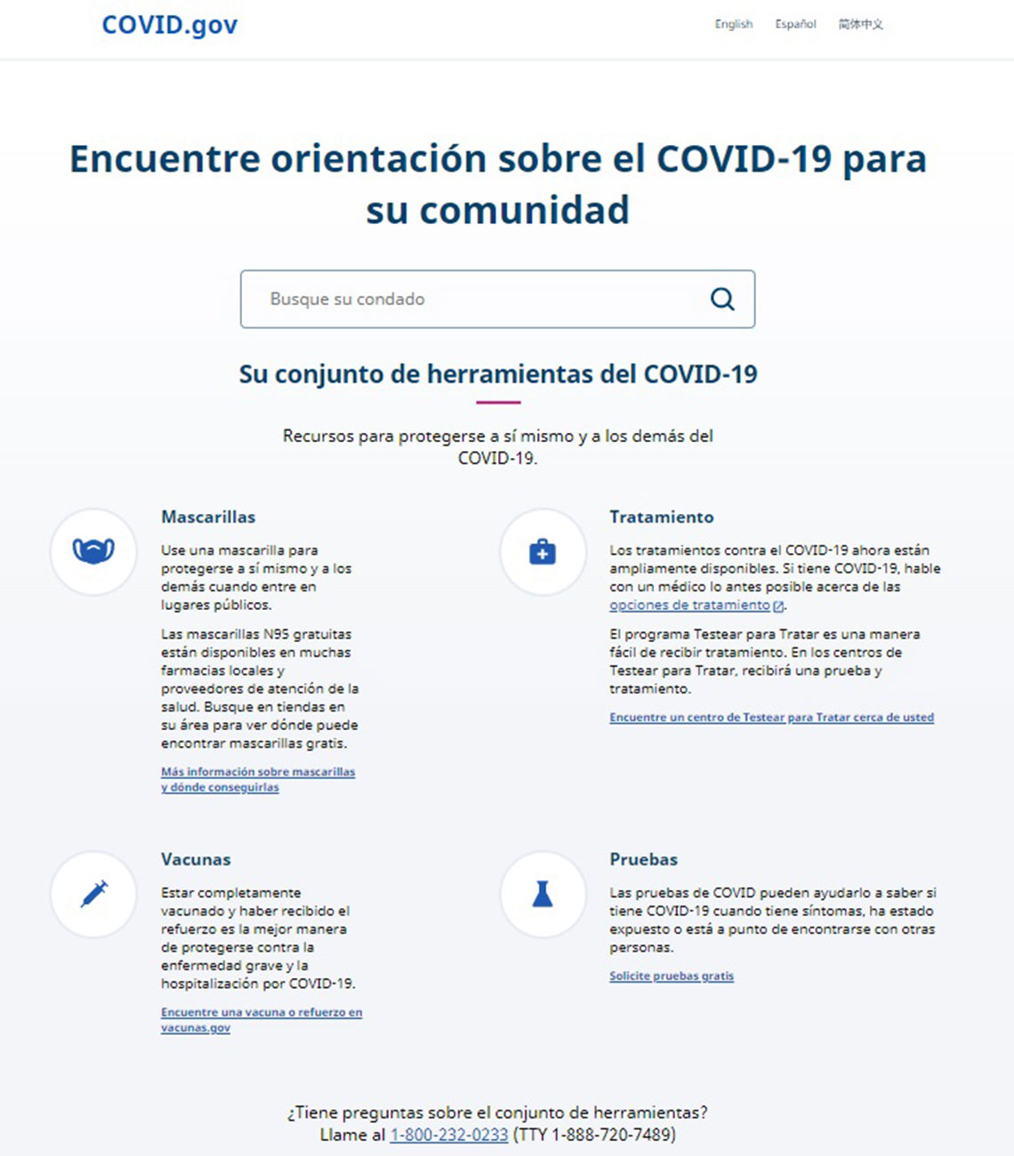 Captura de pantalla de la página web Covid.gov