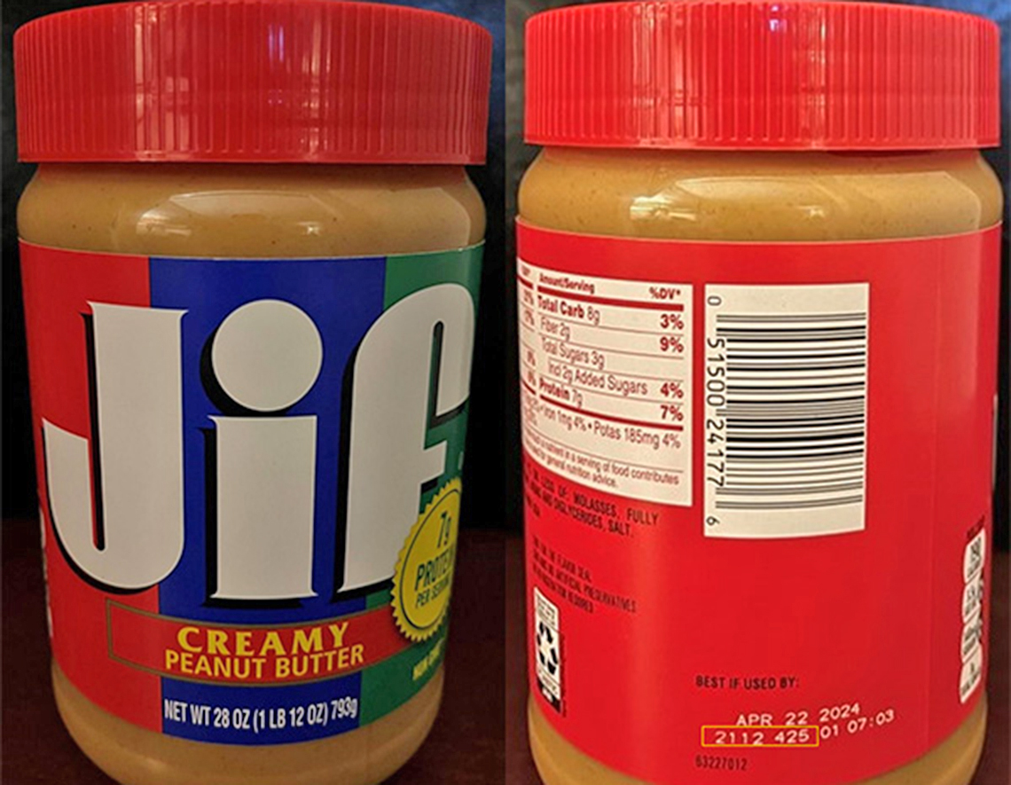 Etiqueta frontal y lateral de la mantequilla de maní Jif retirada del mercado