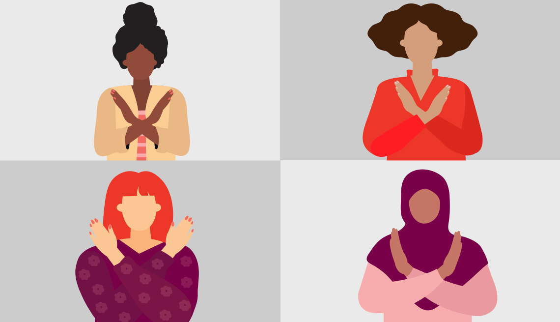 Gráfico de cuatro mujeres con los brazos cruzados frente a ellas.
