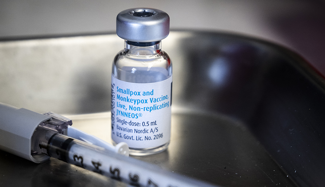 vial of monkeypox vaccine and syringe lying on a tray