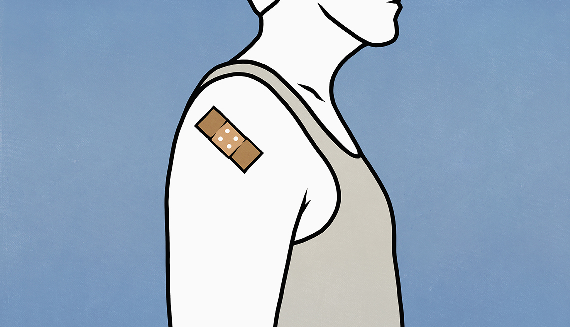 Ilustración de un hombre recién vacunado con una curita en su brazo