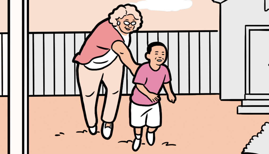 Ilustración de una abuela corriendo tras su nieto