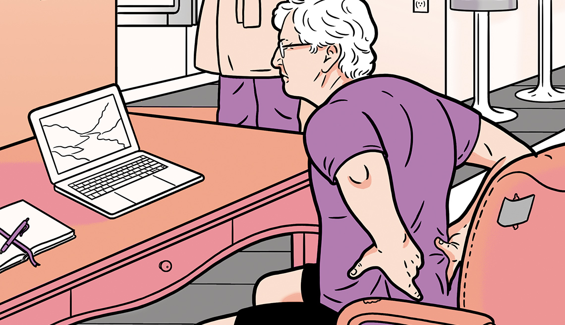 Ilustración de un hombre frente a su computadora que se lleva las manos a la espalda baja