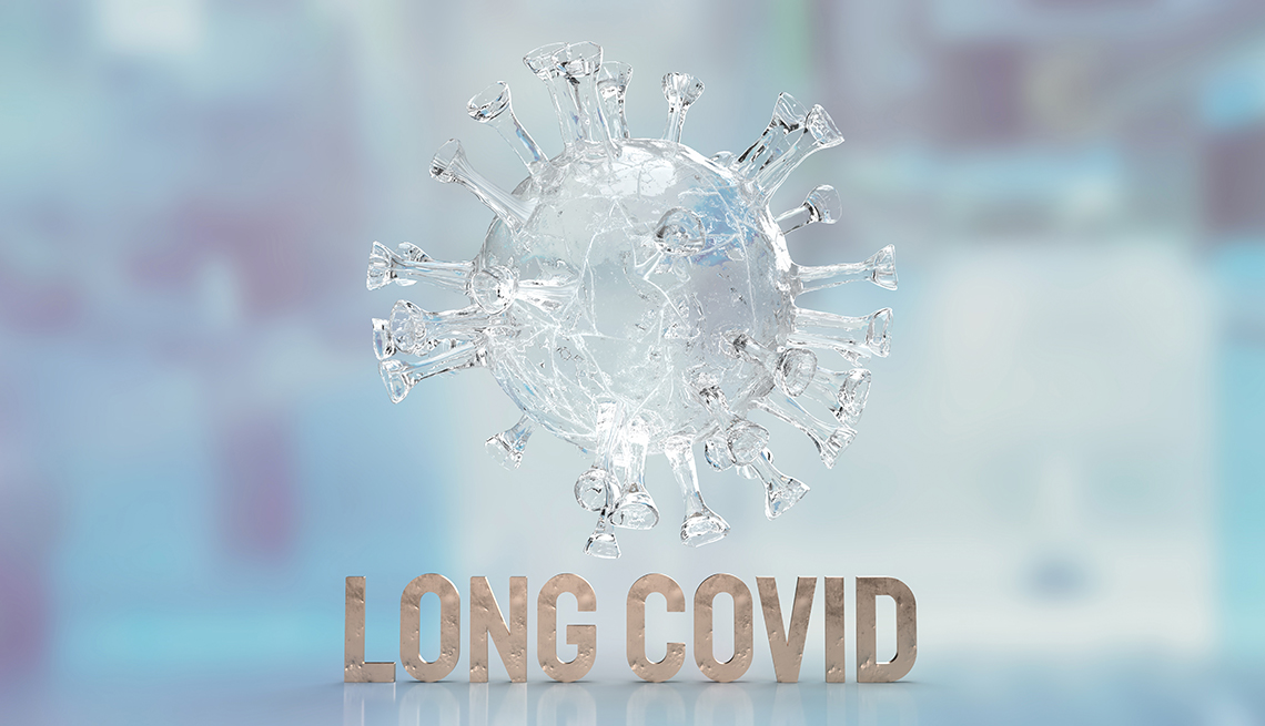 A clear COVID virus cell and the words "Long COVID"