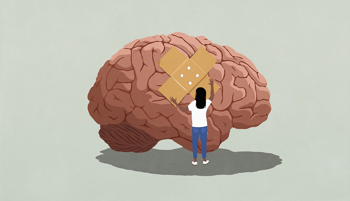 Ilustración de una mujer poniendo una venda adhesiva en un cerebro