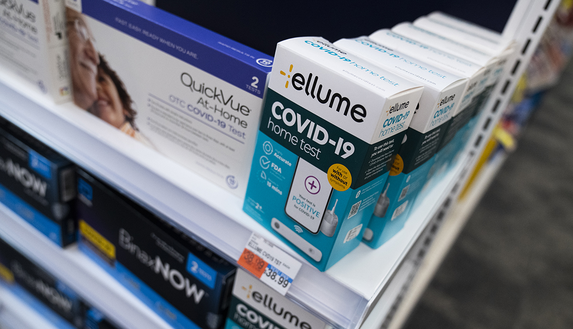 a box of Ellume at-home coronavirus tests on a store shelf