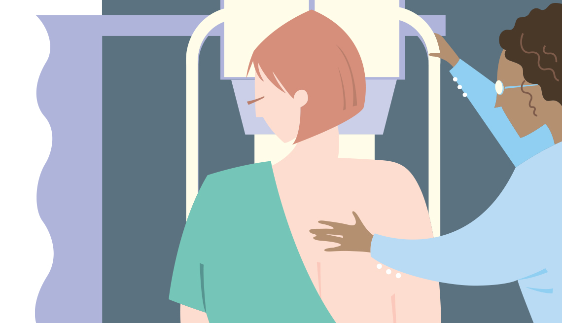 Ilustración de una mujer realizándose una mamografía, ayudada por personal médico