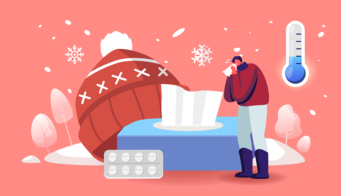 Ilustración de un hombre estornudando, una caja de servilletas, pastillas, un gorrito de invierno y un termómetro que marca una temperatura baja