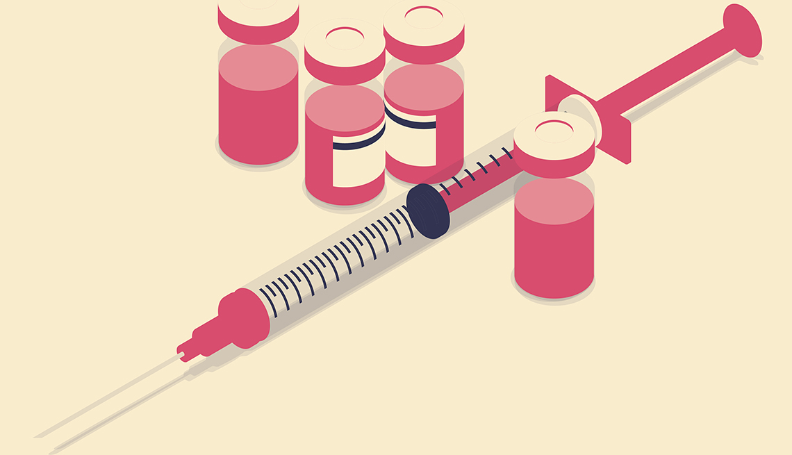 illustration of a vaccine shown in four pink glass vials, along with a pink syringe