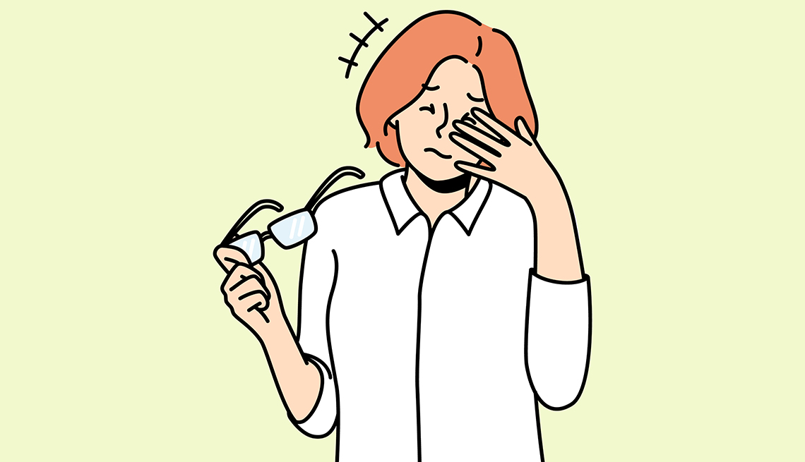 illustration of a woman with red hair removing her glasses and rubbing her forehead due to a migraine headache