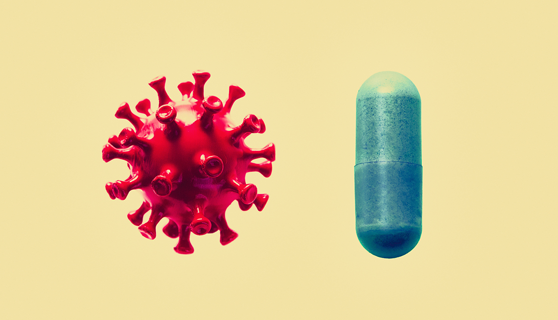 a retro illustration of a red COVID-19 spike virus cell next to a blue pill symbolizing Paxlovid