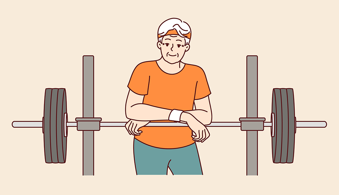 ilustración de un hombre con ropa para ejercitarse apoyado en una barra con pesas.