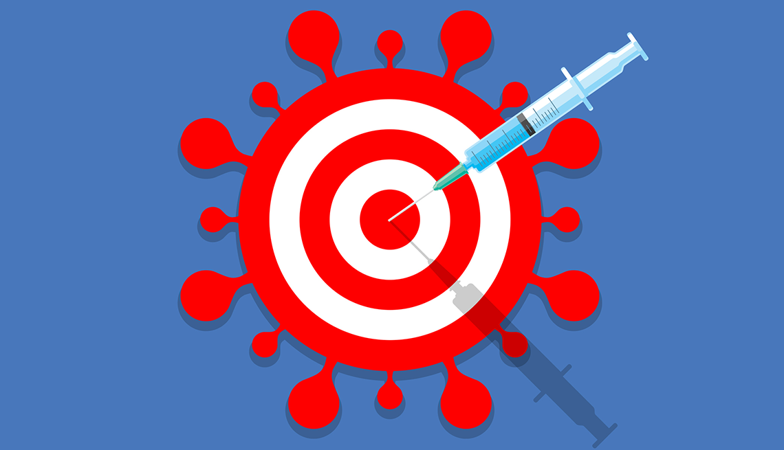 Ilustración de un blanco con una vacuna de la COVID en el centro.