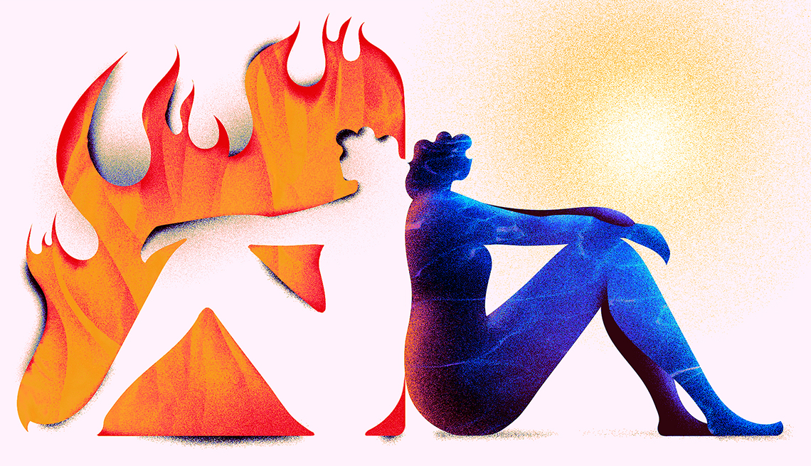  Ilustración de dos mujeres sentadas, una en llamas de fuego a su alrededor y la otra en un clima fresco.