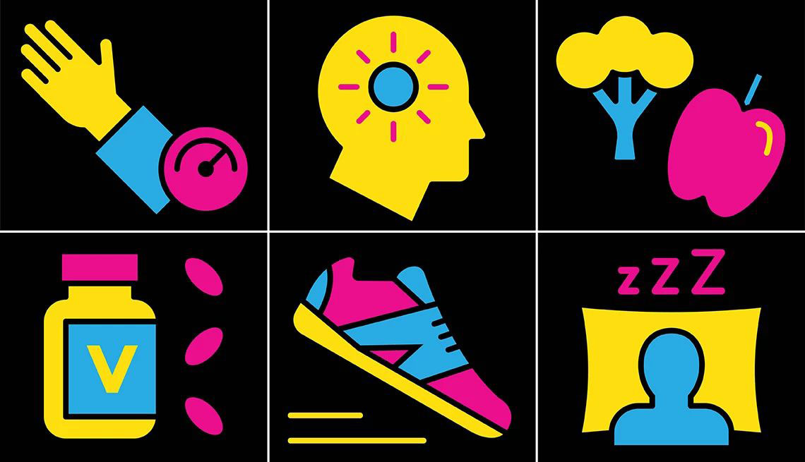 Ilustración de seis gráficos que representan un estilo de vida saludable